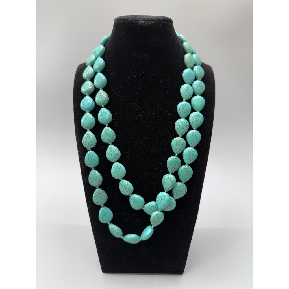 Southwestern Blue Stone Bead Necklace 44" Dyed Howlite Hand Knotted Heavy‎